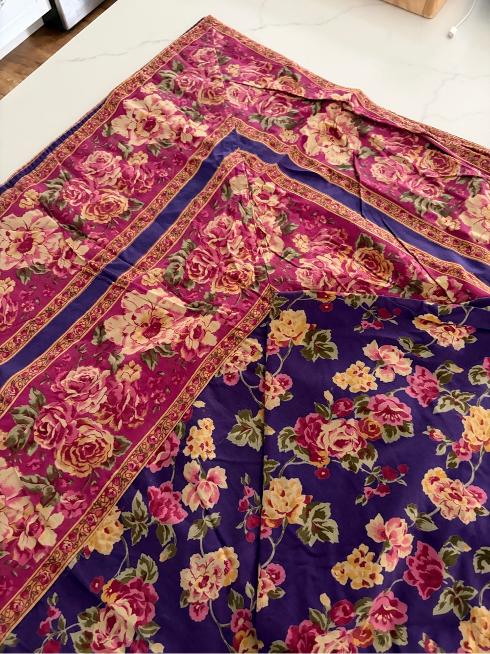 April Cornell vintage floral cotton tablecloth pink, purple. 68” X 100” EUC
